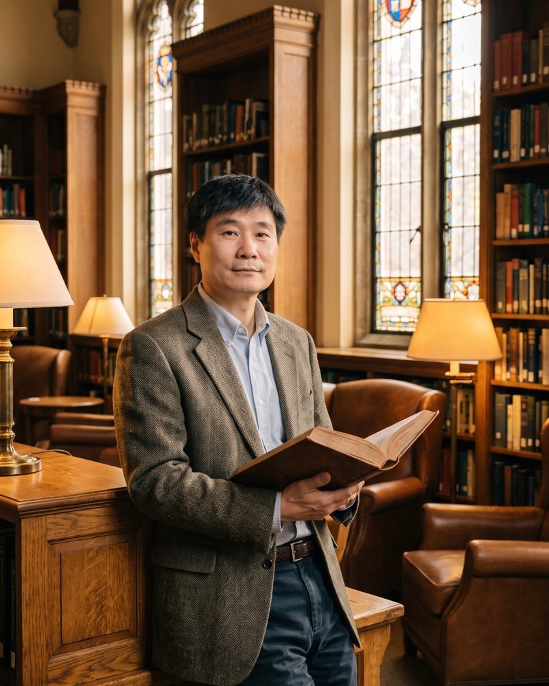 Professor Jiang Xueqin in a library setting